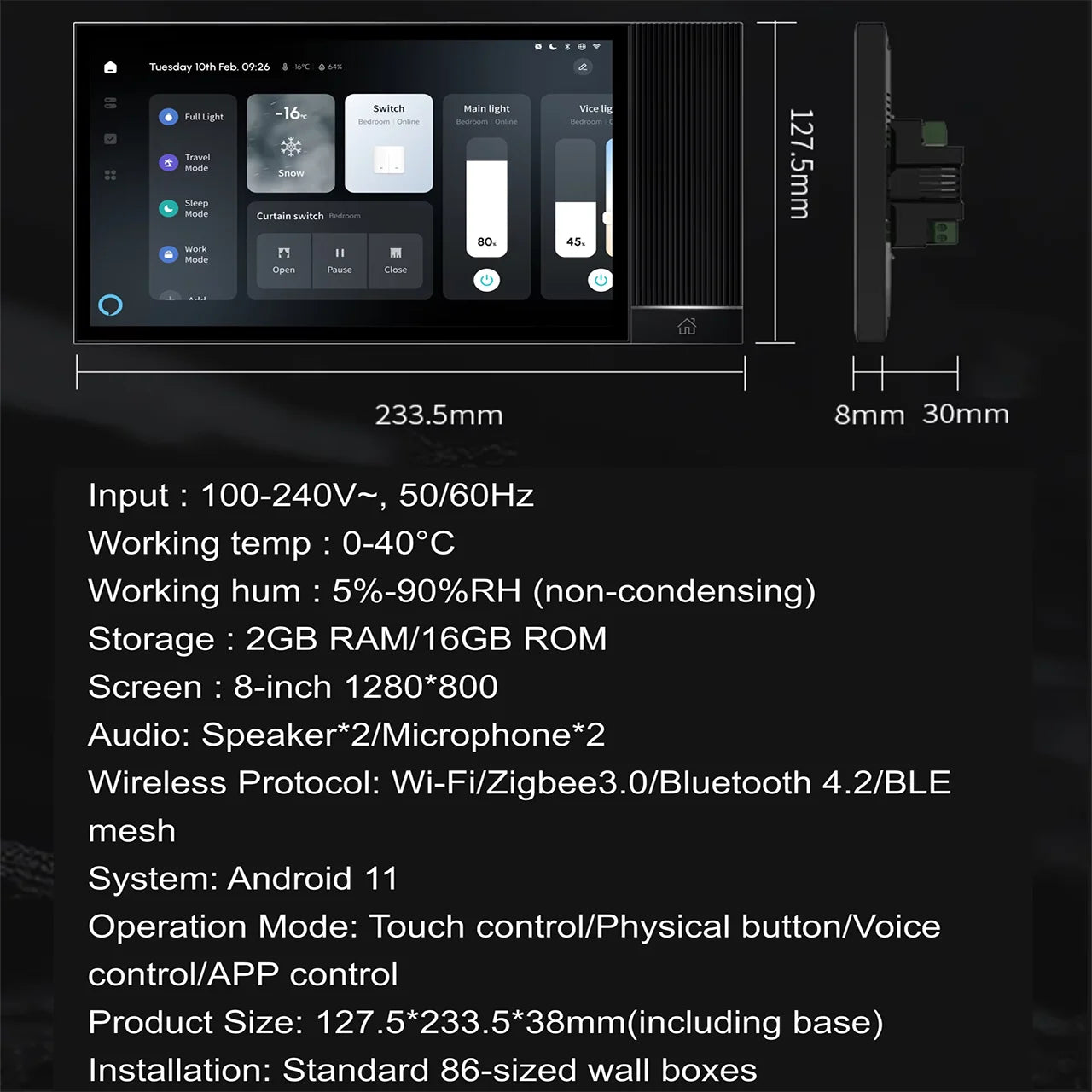 TUYA smart central control panel 8inch Scene mode Touch screen 2Relays Built-in IR remote control Bluetooths Zigbee Alexa Voice
