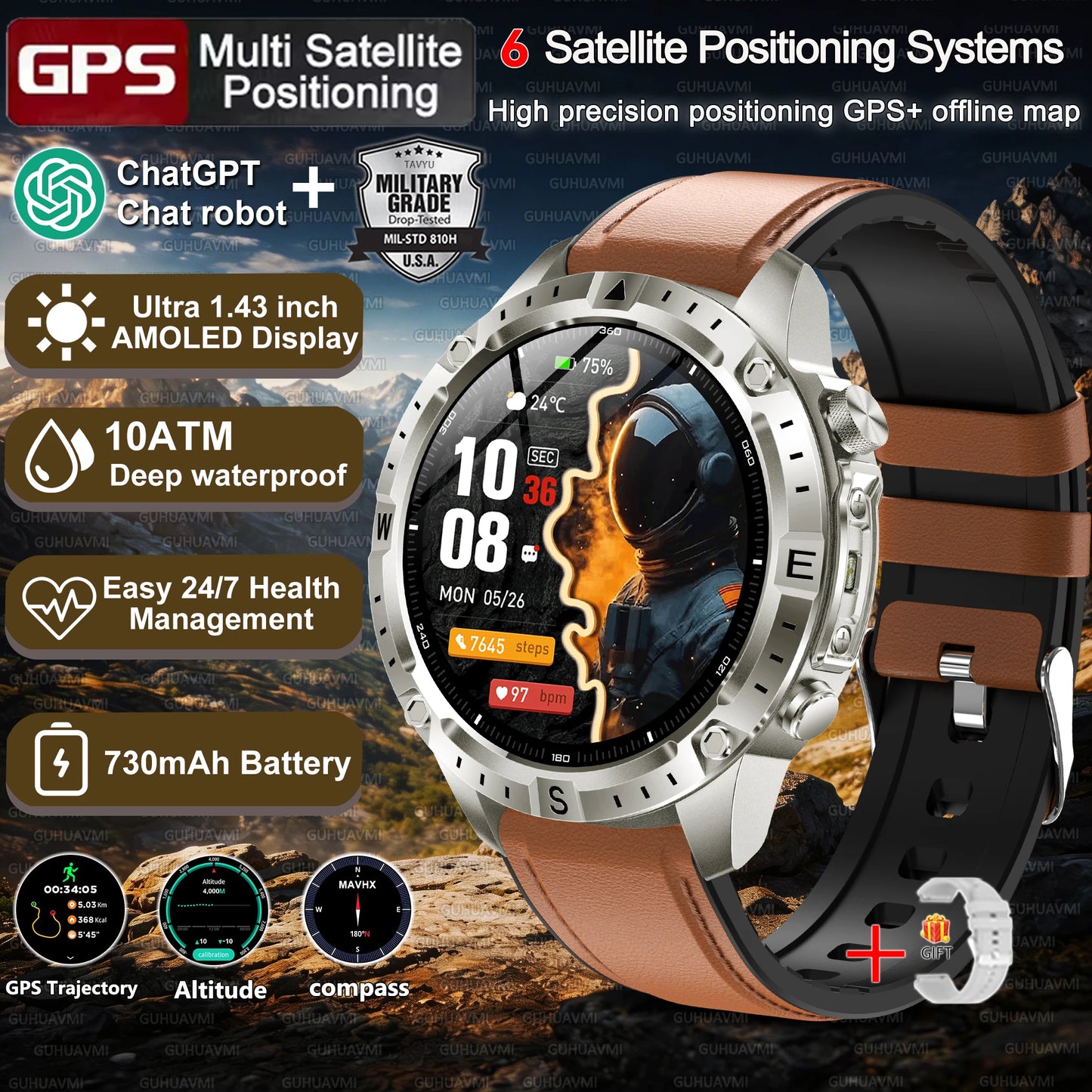 New Men Military GPS Smart Watch Built-in Positioning Compass Altimeter 10ATM Waterproof BT Call Heart Rate Monitor Smart Watch