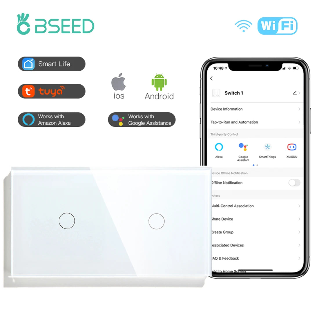 BSEED Wifi 1/2/3Gang Smart Touch Switches 1/2/3Way Wall Light Switches Tuya Smart Life App Control Plus Sockets EU Standard