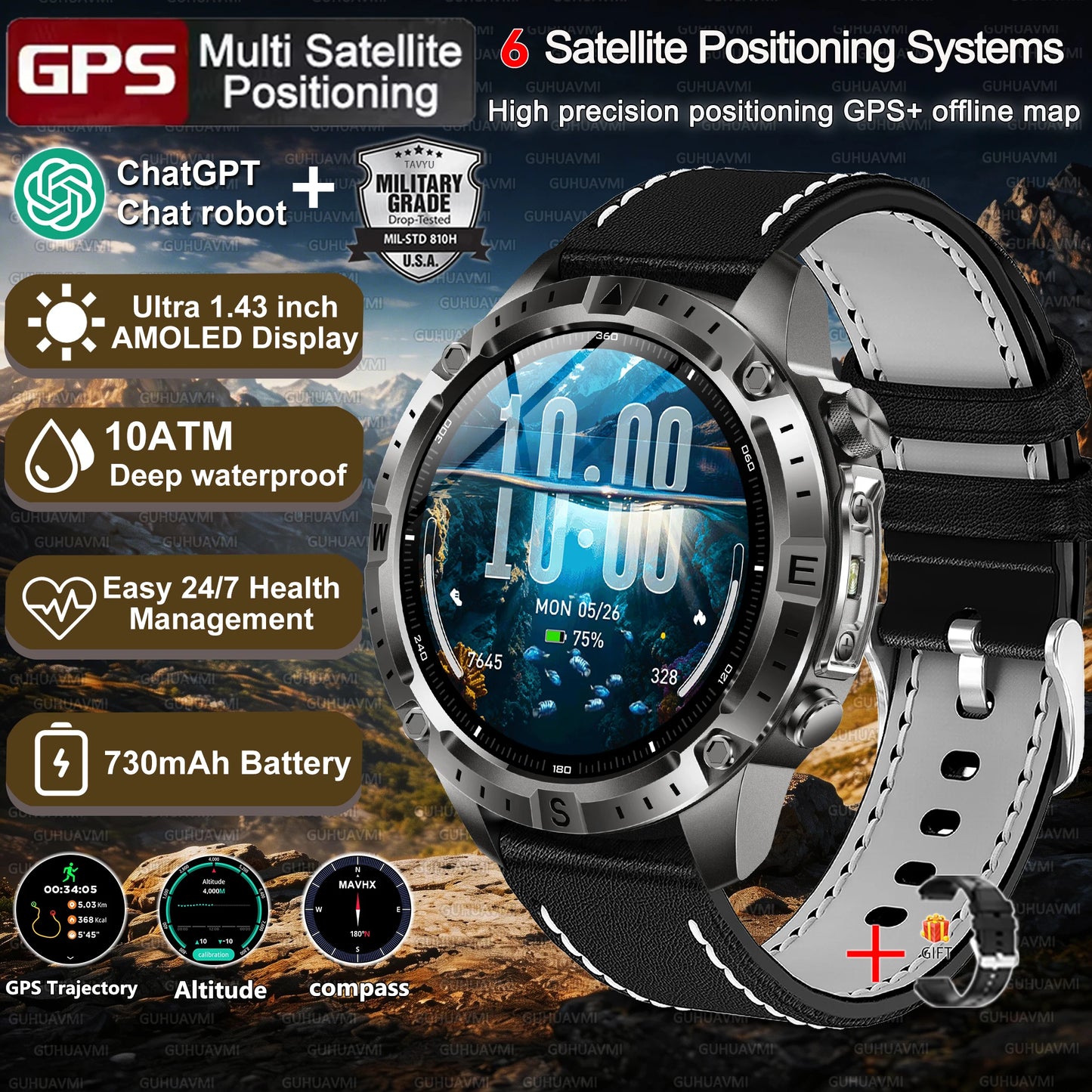 New Men Military GPS Smart Watch Built-in Positioning Compass Altimeter 10ATM Waterproof BT Call Heart Rate Monitor Smart Watch