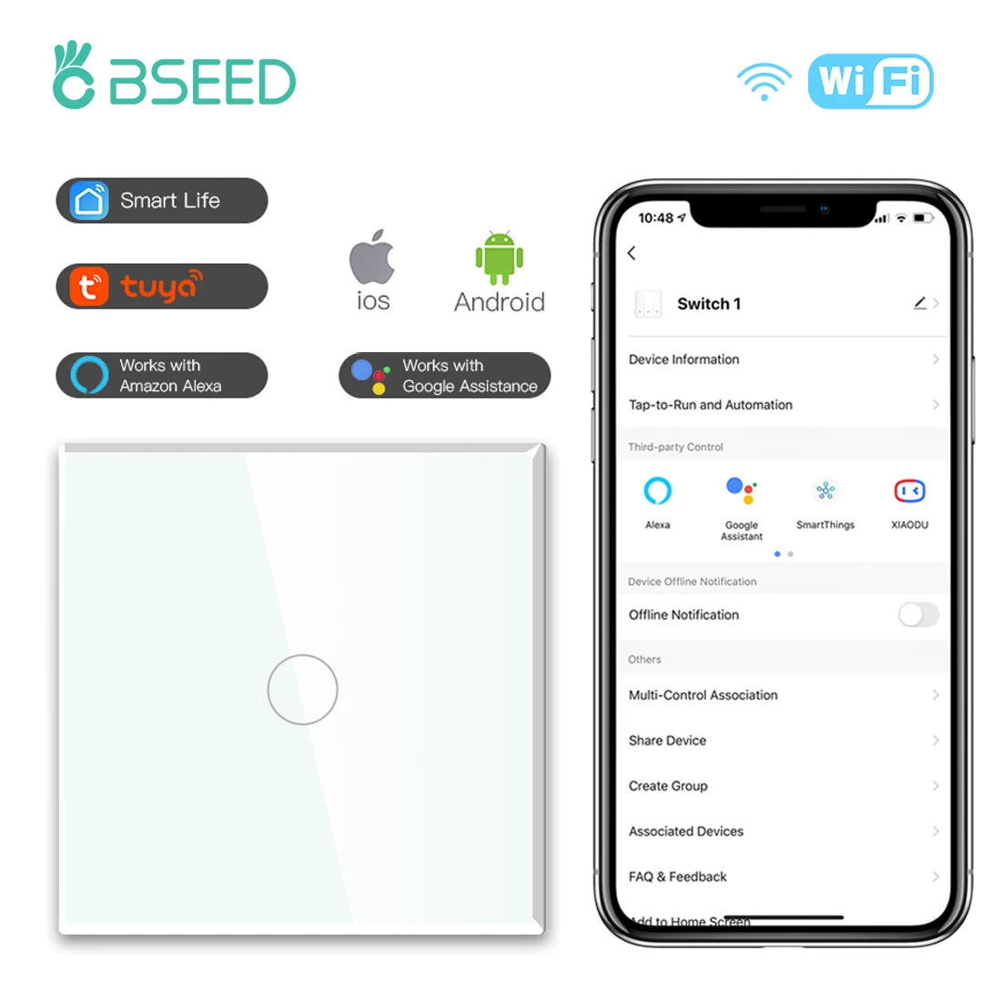 BSEED  Wifi 1/2/3Gang Smart Touch Switches 1/2/3Way Wall Light Switches Tuya Smart Life App Control Plus Sockets EU Standard