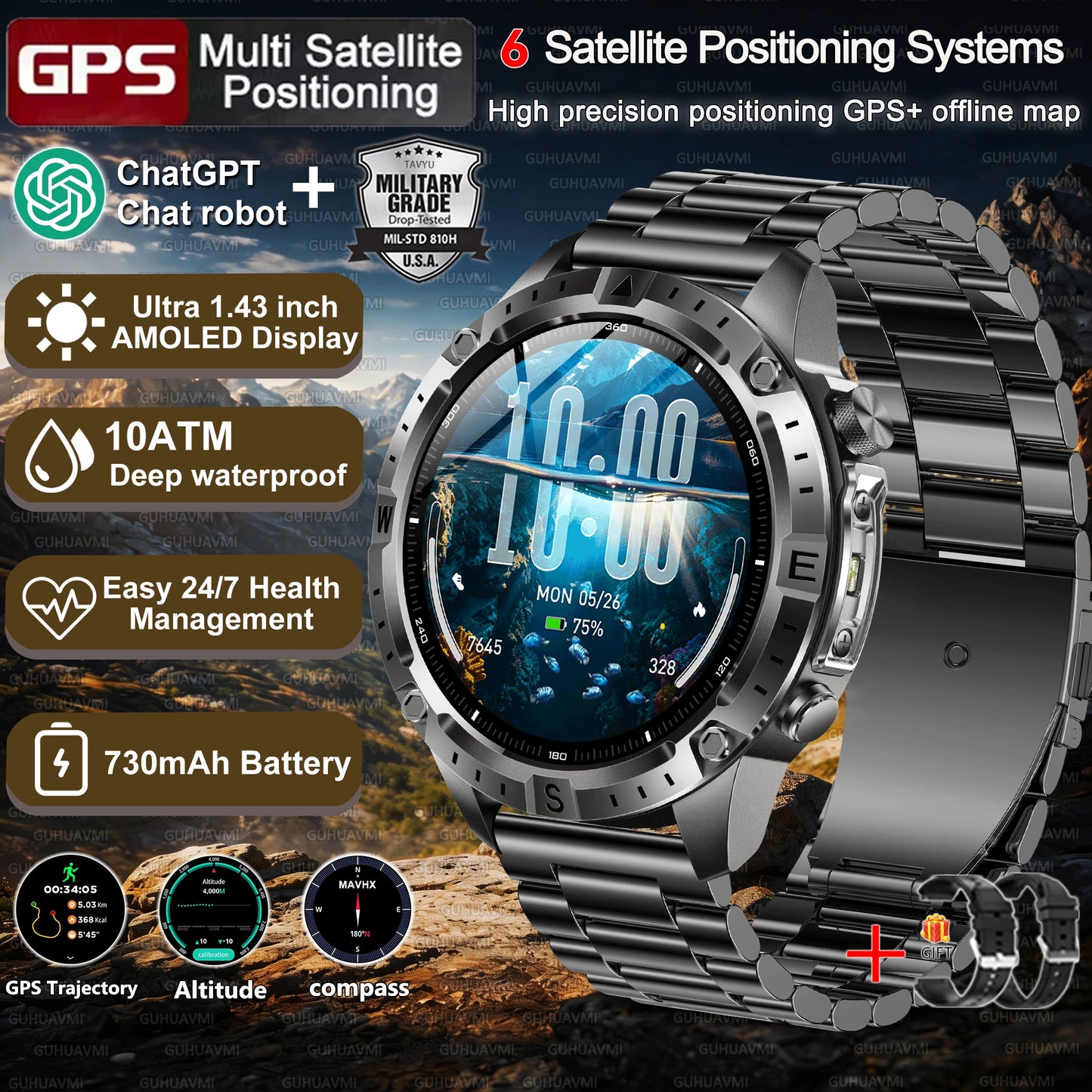 New Men Military GPS Smart Watch Built-in Positioning Compass Altimeter 10ATM Waterproof BT Call Heart Rate Monitor Smart Watch