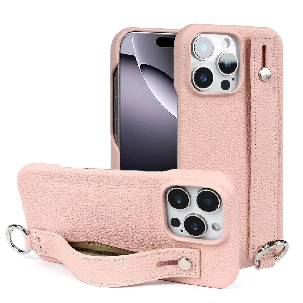 Premium Genuine Leather Case For iPhone 16 Pro Max Phone Cases 15Pro 14 13 12 11 Wristband Strap Bracket Back Card Holder Cover