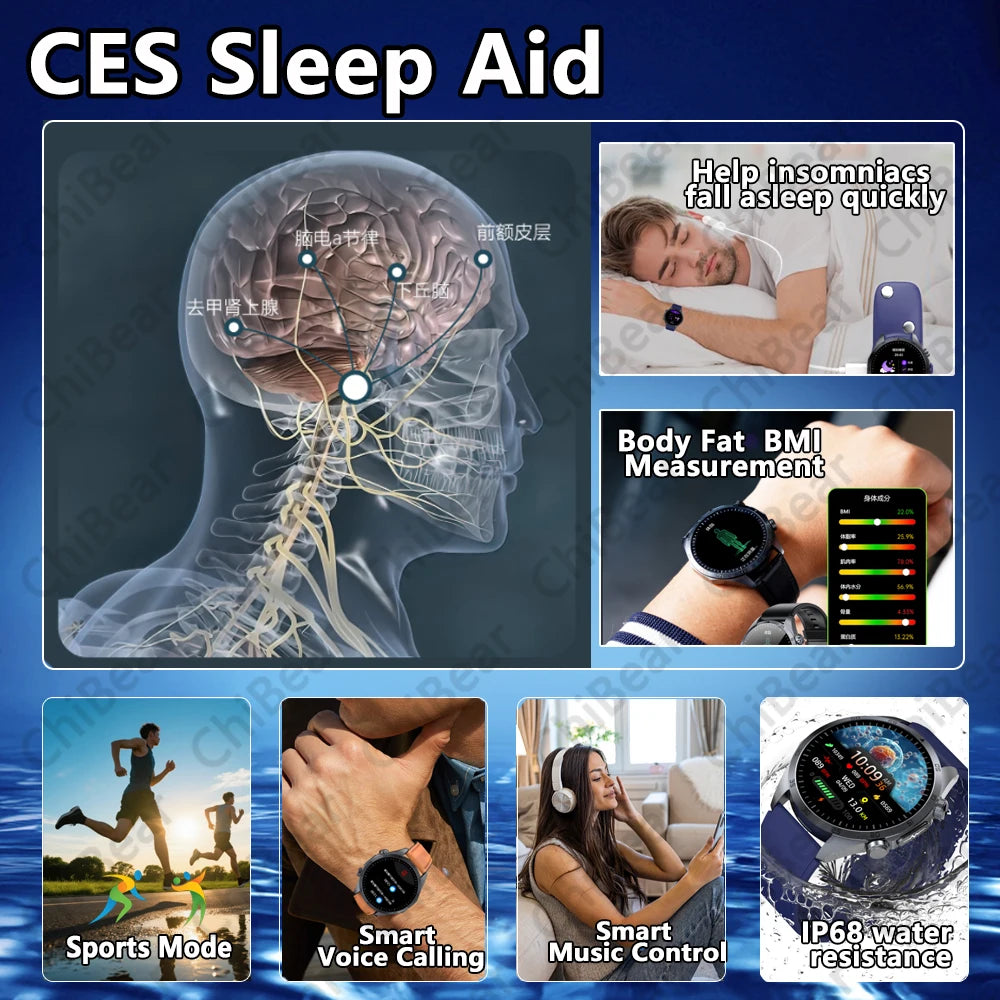New CES Scientific Sleep Aid Smart Watch Men Pulse Therapy Health Monitoring Lipid Detection ECG+PPG Bluetooth Call Smartwatch