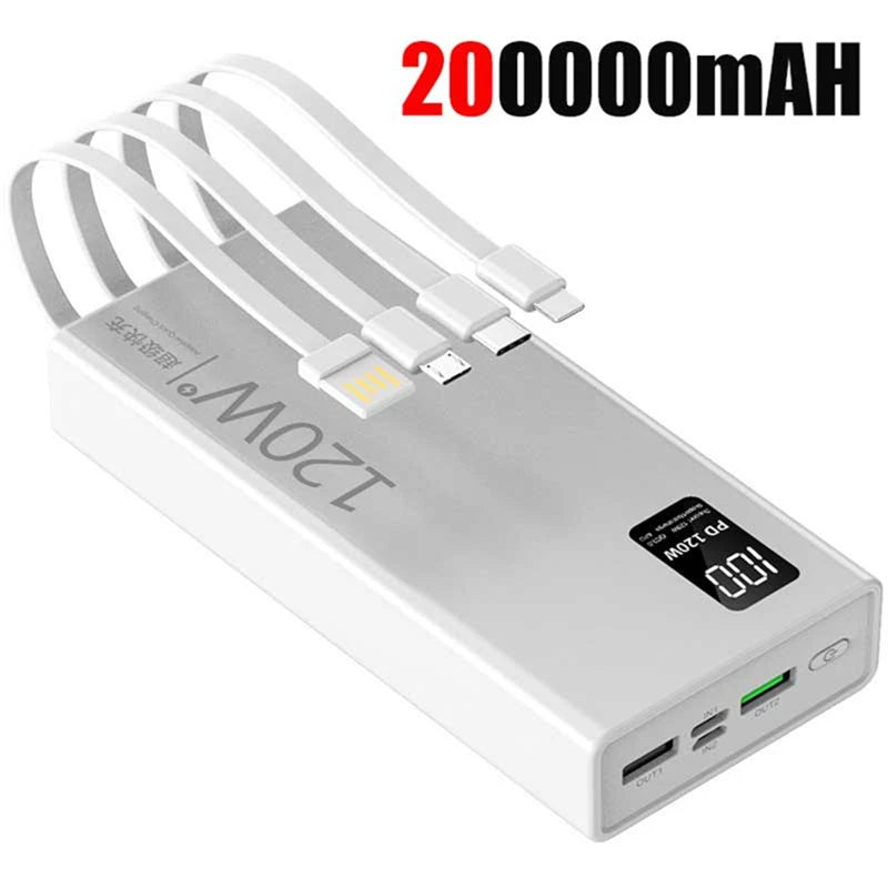 Lenovo 200000mAh High Capacity Power Bank with 4-in-1 Cables 120W Fast Charging External Battery Pack For iPhone Samsung Android