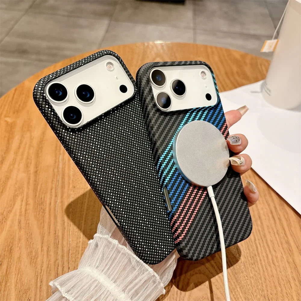 Colourful Kevlar Carbon Fibre Pattern Magnetic Phone Case For iPhone 17 16 15 14 Pro Max Plus Air 13 12 11 Wireless Charge Cover
