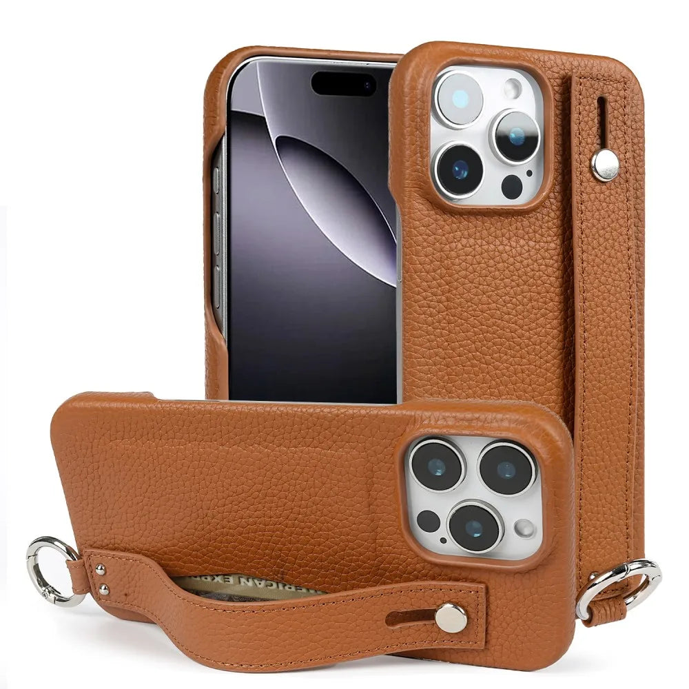 Premium Genuine Leather Case For iPhone 16 Pro Max Phone Cases 15Pro 14 13 12 11 Wristband Strap Bracket Back Card Holder Cover