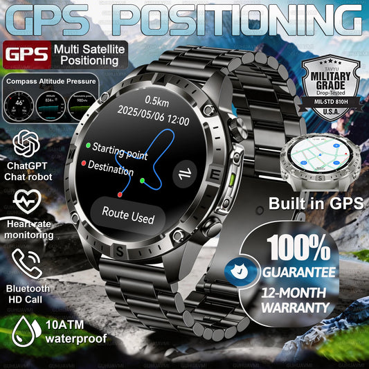 New Men Military GPS Smart Watch Built-in Positioning Compass Altimeter 10ATM Waterproof BT Call Heart Rate Monitor Smart Watch
