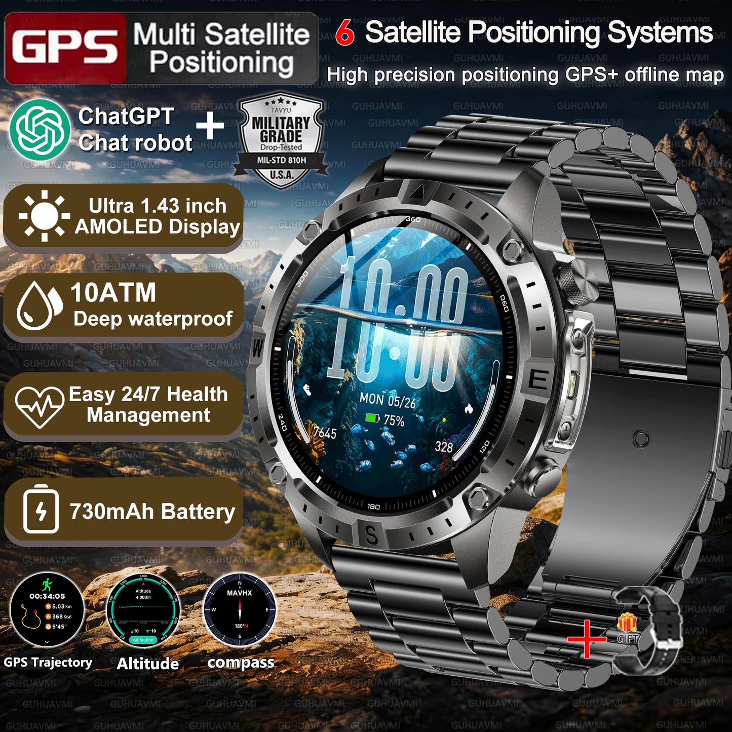 New Men Military GPS Smart Watch Built-in Positioning Compass Altimeter 10ATM Waterproof BT Call Heart Rate Monitor Smart Watch