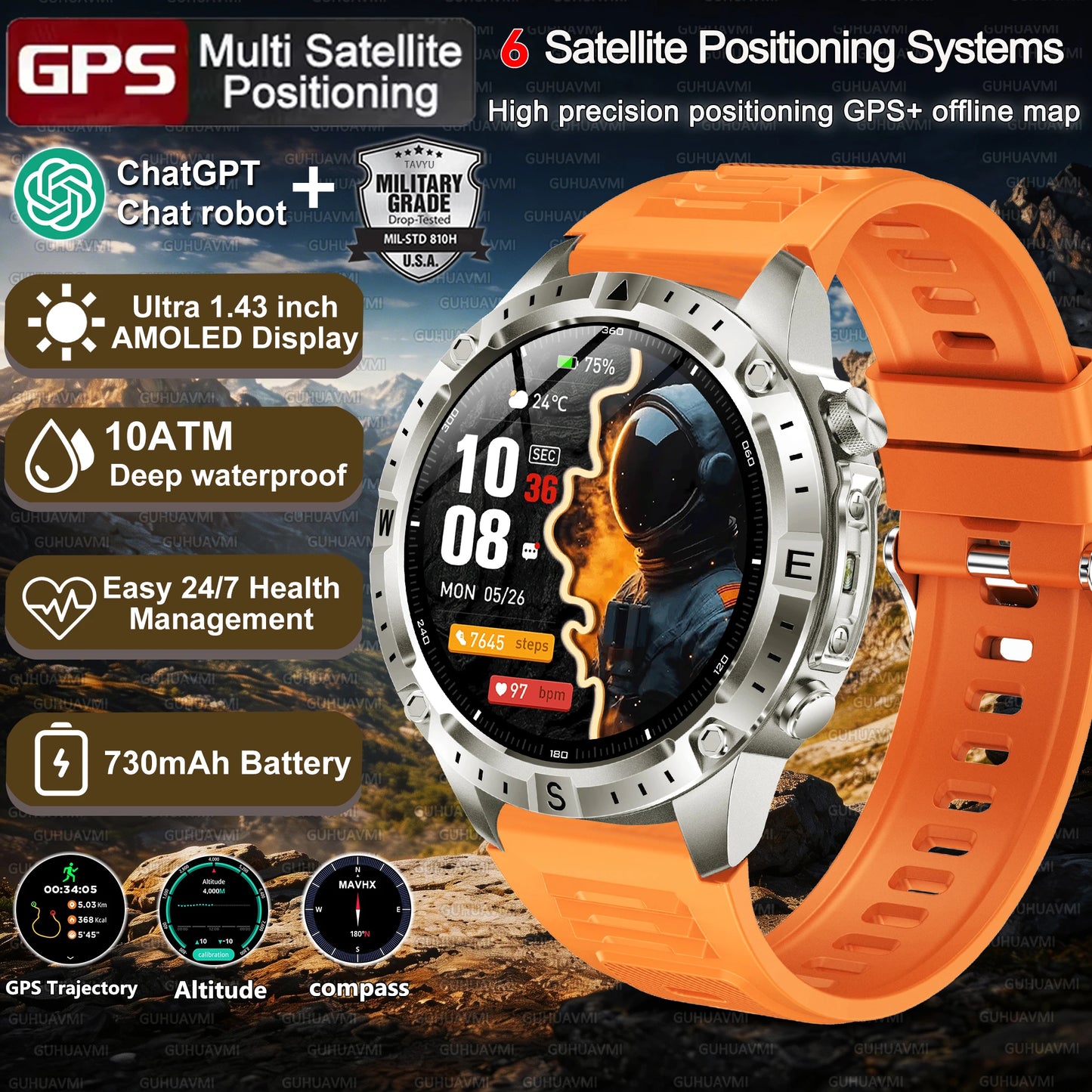New Men Military GPS Smart Watch Built-in Positioning Compass Altimeter 10ATM Waterproof BT Call Heart Rate Monitor Smart Watch