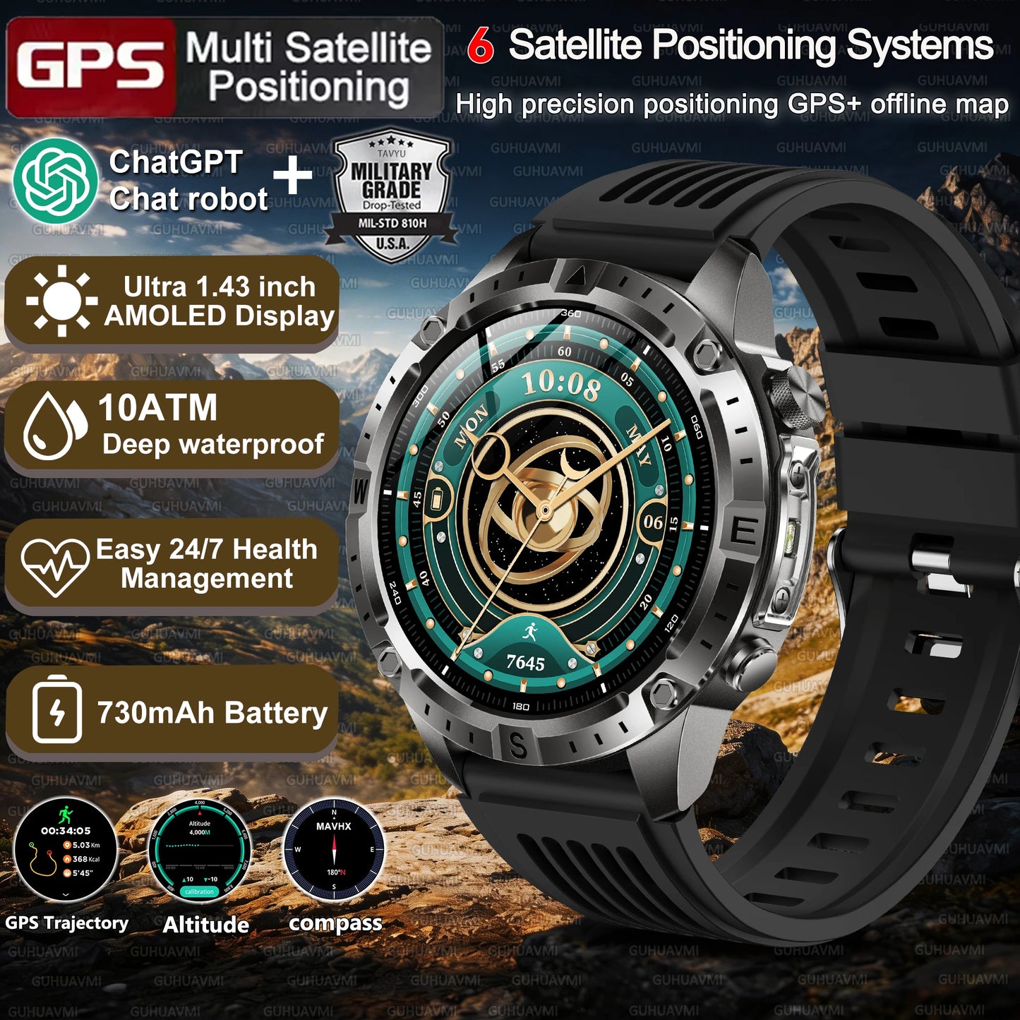 New Men Military GPS Smart Watch Built-in Positioning Compass Altimeter 10ATM Waterproof BT Call Heart Rate Monitor Smart Watch