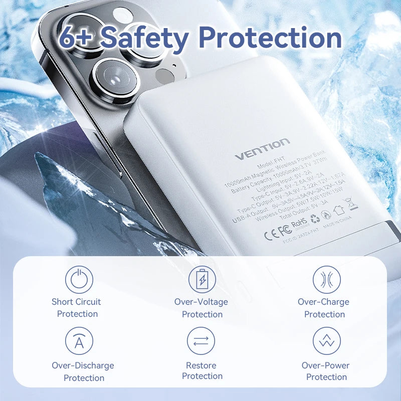 Vention 10000mAh Power Bank Magnetic Portable PD 22.5W Wireless Fast Charging Mini PowerBank for iPhone 15 Pro Max 14 13 12