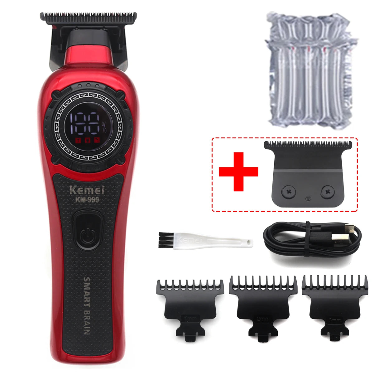 Kemei KM-999 Hair Trimmer for Men DLC T-Blade Zero Gapped LED Display Cordless USB Professional Hair Clipper Finishing Machine