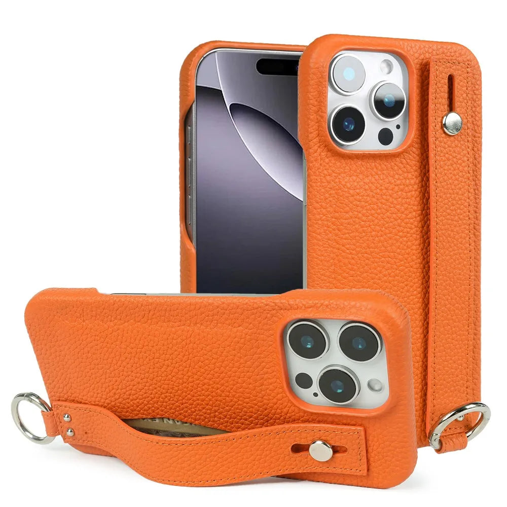 Premium Genuine Leather Case For iPhone 16 Pro Max Phone Cases 15Pro 14 13 12 11 Wristband Strap Bracket Back Card Holder Cover