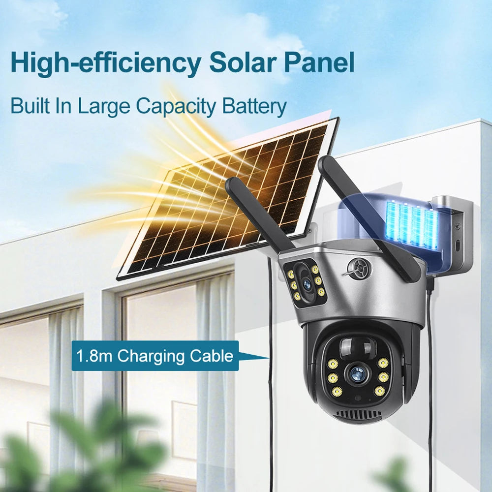 4G / WiFi Solar Camera Dual Lenses Outdoor 8MP 4K Low Power Battery IP Camera PIR Night Vision V380 Pro CCTV Security Protection