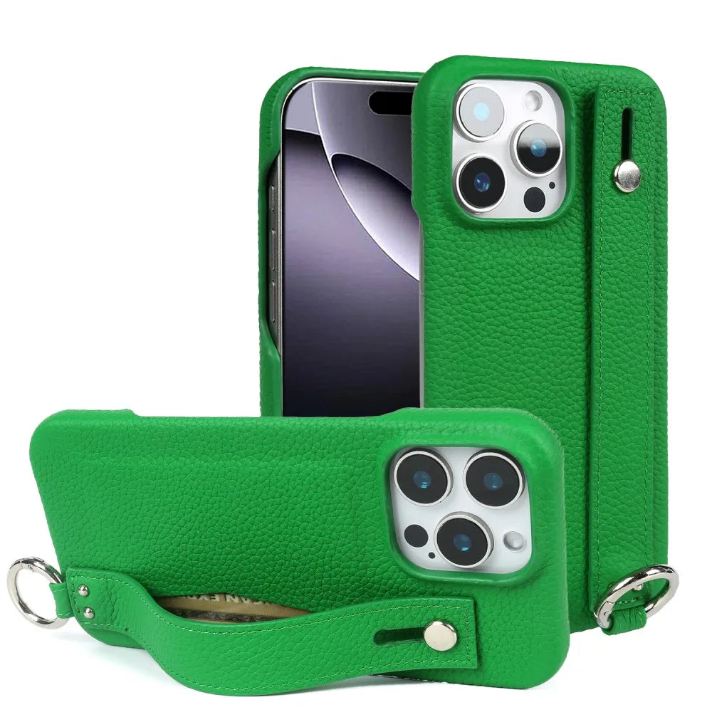 Premium Genuine Leather Case For iPhone 16 Pro Max Phone Cases 15Pro 14 13 12 11 Wristband Strap Bracket Back Card Holder Cover