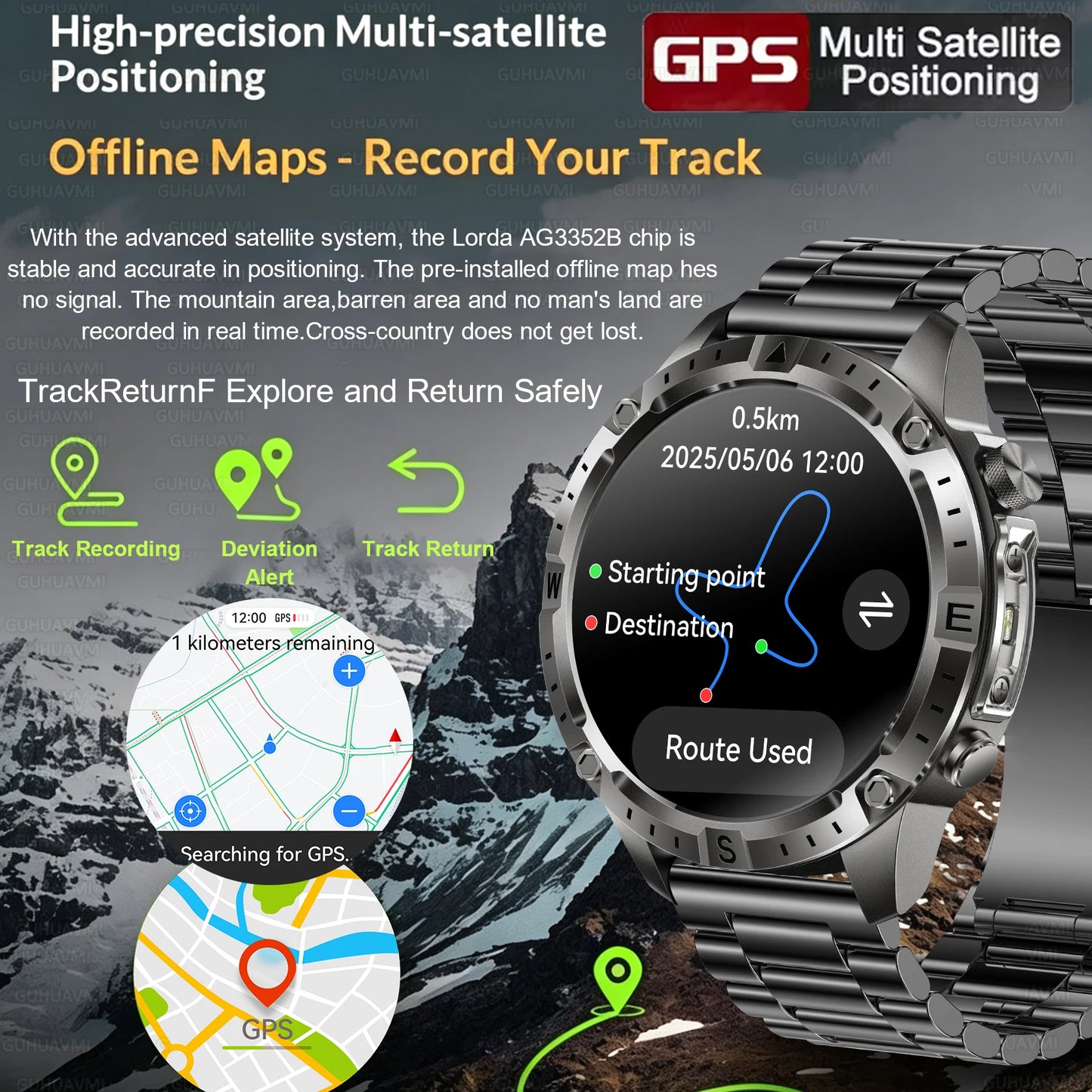 New Men Military GPS Smart Watch Built-in Positioning Compass Altimeter 10ATM Waterproof BT Call Heart Rate Monitor Smart Watch
