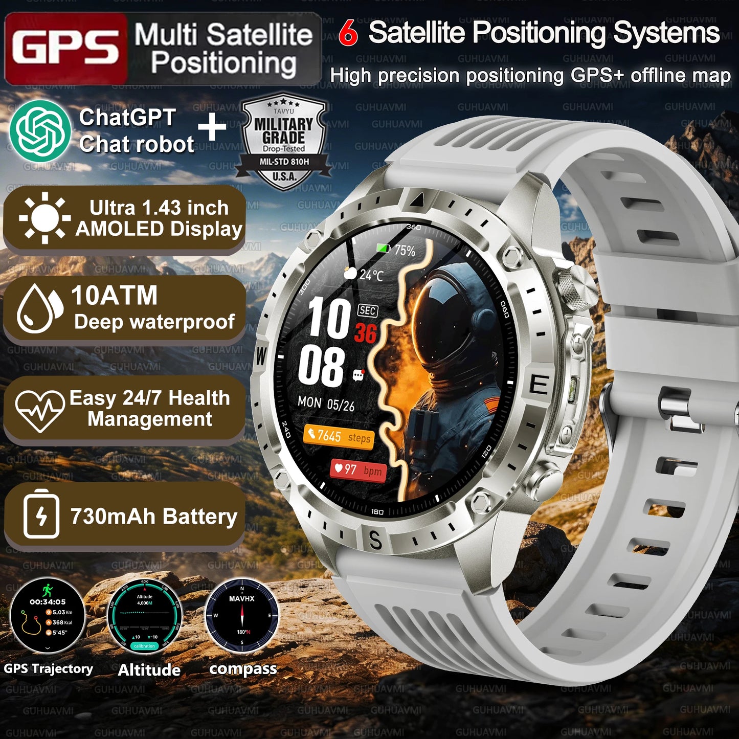 New Men Military GPS Smart Watch Built-in Positioning Compass Altimeter 10ATM Waterproof BT Call Heart Rate Monitor Smart Watch