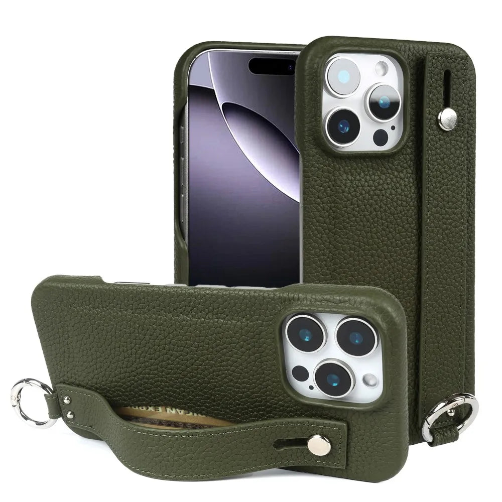 Premium Genuine Leather Case For iPhone 16 Pro Max Phone Cases 15Pro 14 13 12 11 Wristband Strap Bracket Back Card Holder Cover