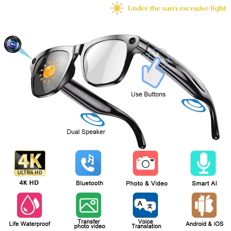 4K HD AI Smart Glasses 800w Pixel Multifunctional Camera Bluetooth Call Voice Assistant Music Player Smart Translation ﻿