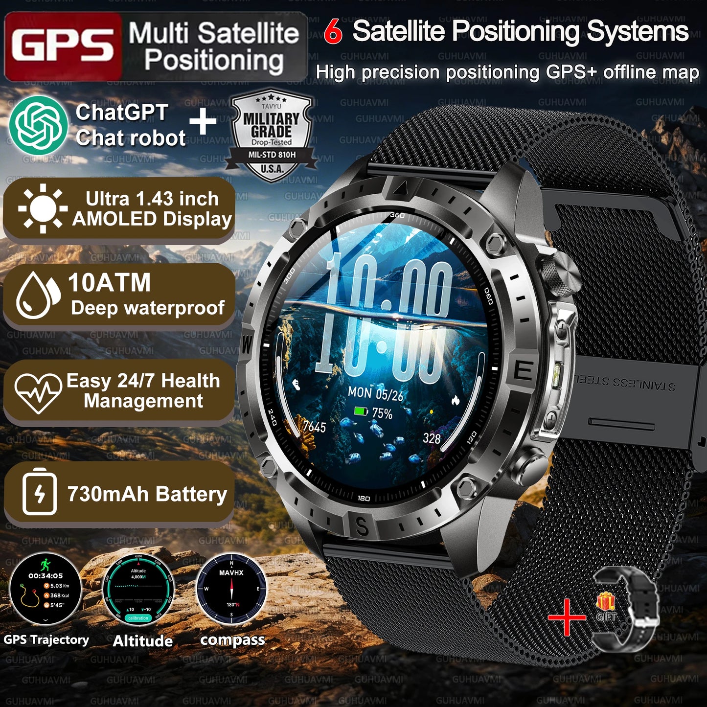 New Men Military GPS Smart Watch Built-in Positioning Compass Altimeter 10ATM Waterproof BT Call Heart Rate Monitor Smart Watch