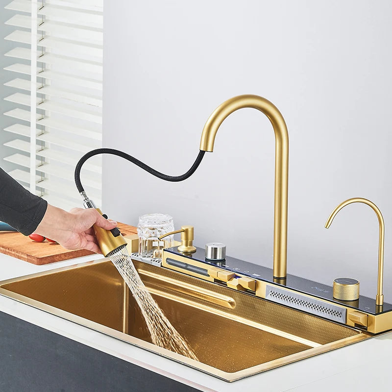 Brushed Golden Smart Digital Display Integrated Kitchen Sink Set Waterfall/Rainfall Water Purifier Soap Dispenser Cup Washer