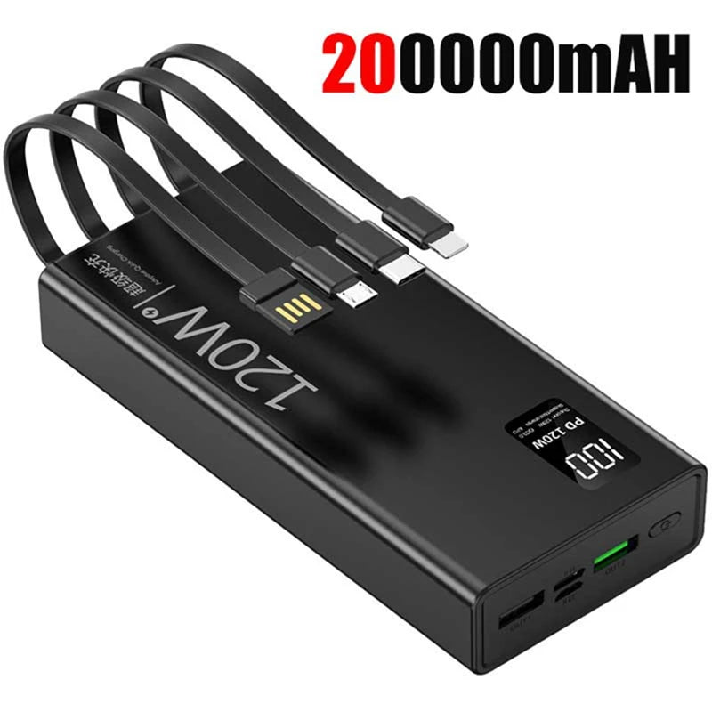 Lenovo 200000mAh High Capacity Power Bank with 4-in-1 Cables 120W Fast Charging External Battery Pack For iPhone Samsung Android