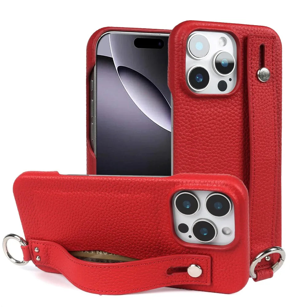 Premium Genuine Leather Case For iPhone 16 Pro Max Phone Cases 15Pro 14 13 12 11 Wristband Strap Bracket Back Card Holder Cover