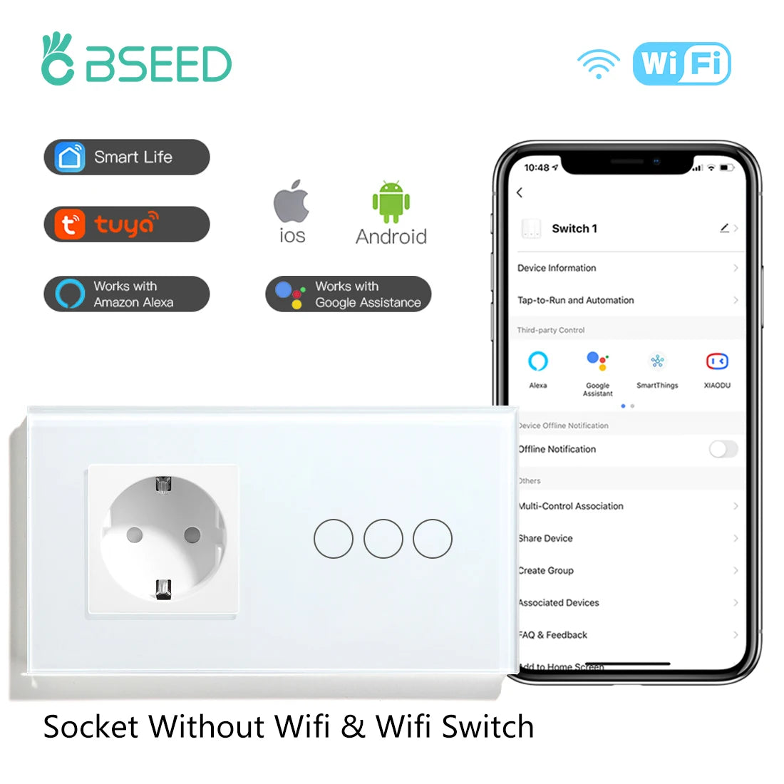 BSEED  Wifi 1/2/3Gang Smart Touch Switches 1/2/3Way Wall Light Switches Tuya Smart Life App Control Plus Sockets EU Standard