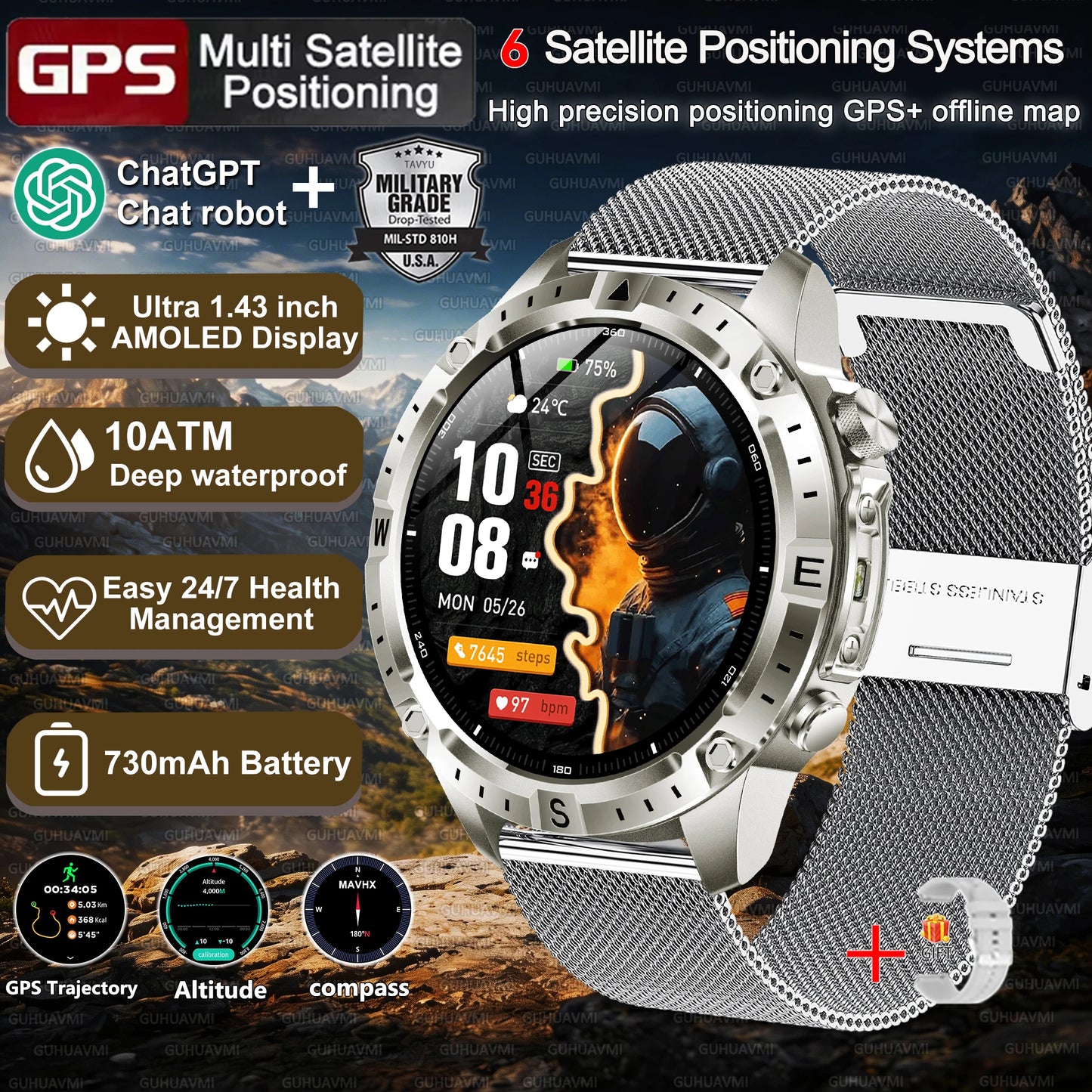 New Men Military GPS Smart Watch Built-in Positioning Compass Altimeter 10ATM Waterproof BT Call Heart Rate Monitor Smart Watch