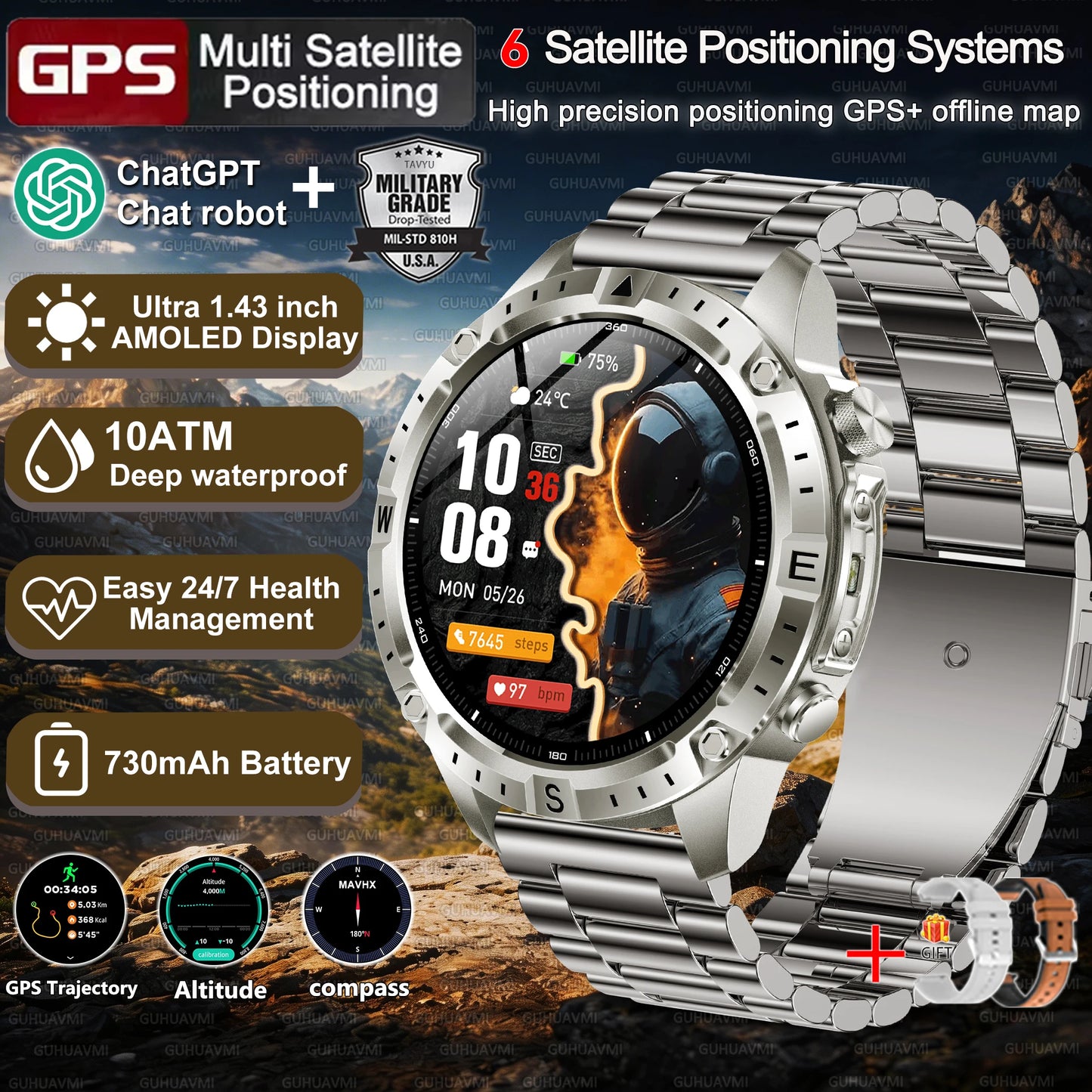 New Men Military GPS Smart Watch Built-in Positioning Compass Altimeter 10ATM Waterproof BT Call Heart Rate Monitor Smart Watch