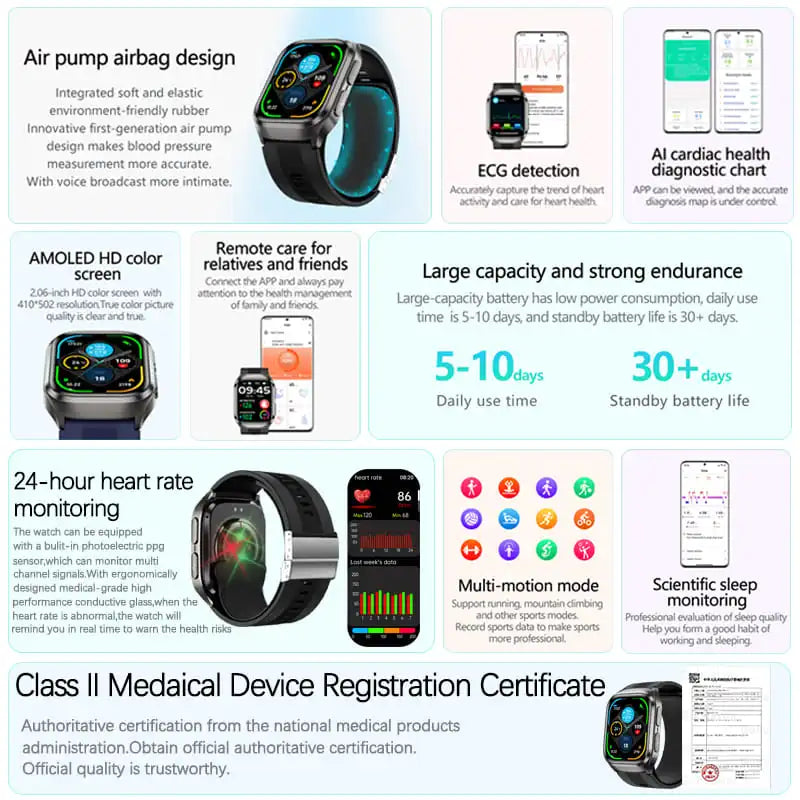 New Ultra Air Bag Precise Measurement SmartWatch Blood Fat ECG Heart Rate Blood Pressure Broadcast NFC Health Smart Watches 2026
