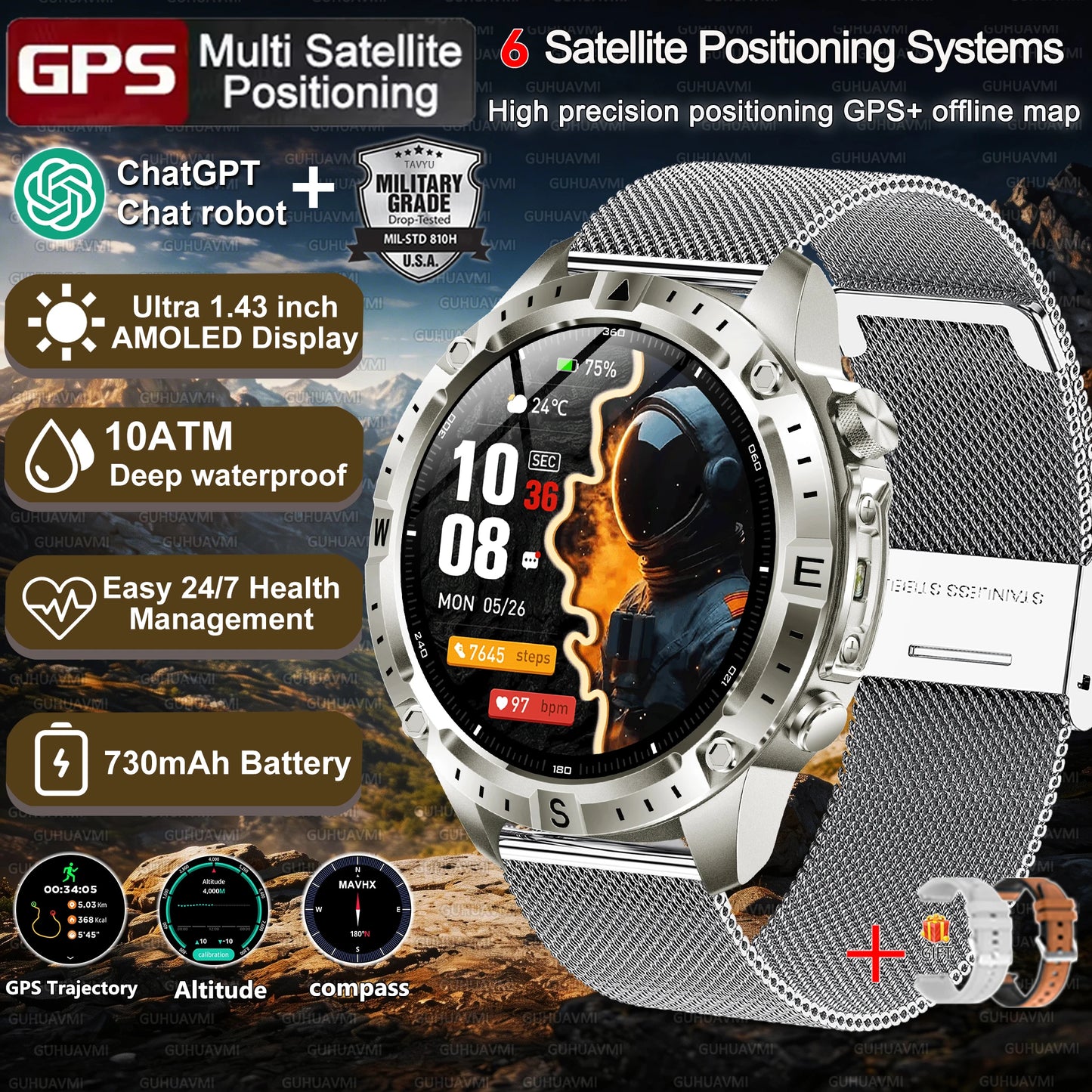 New Men Military GPS Smart Watch Built-in Positioning Compass Altimeter 10ATM Waterproof BT Call Heart Rate Monitor Smart Watch