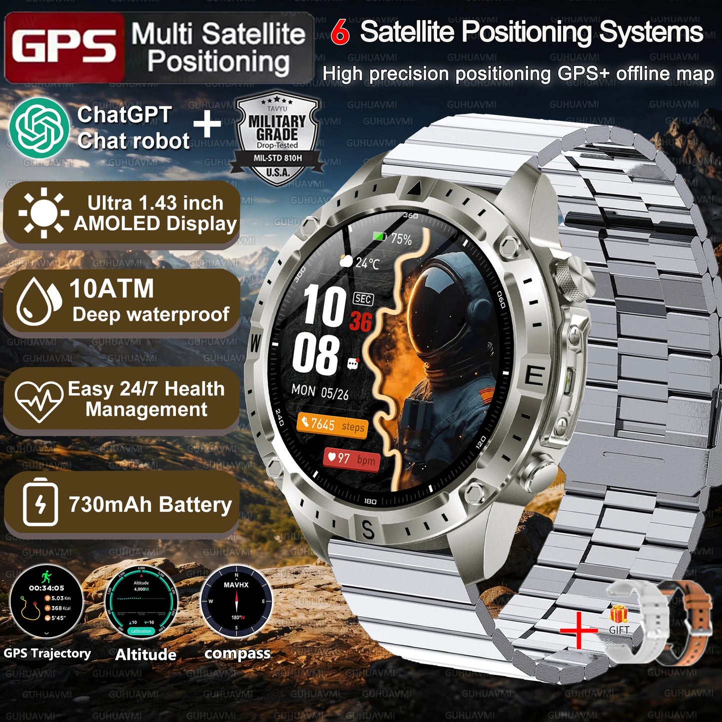 New Men Military GPS Smart Watch Built-in Positioning Compass Altimeter 10ATM Waterproof BT Call Heart Rate Monitor Smart Watch
