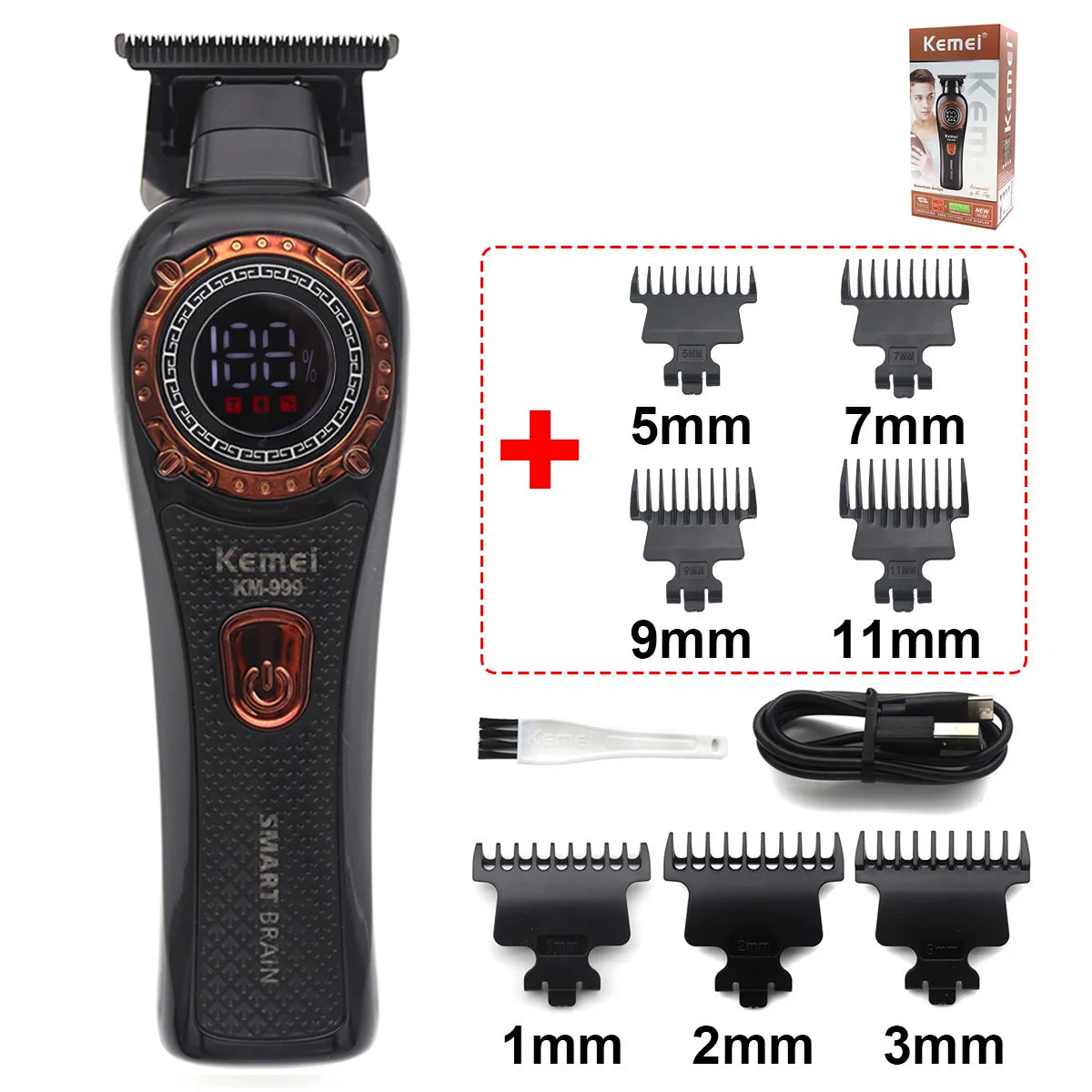 Kemei KM-999 Hair Trimmer for Men DLC T-Blade Zero Gapped LED Display Cordless USB Professional Hair Clipper Finishing Machine