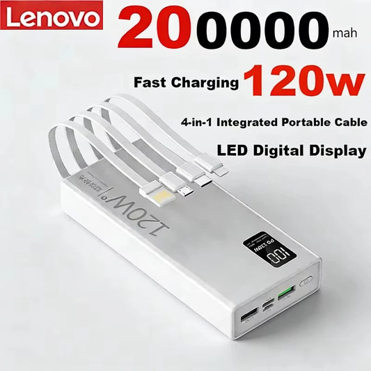 Lenovo 200000mAh High Capacity Power Bank with 4-in-1 Cables 120W Fast Charging External Battery Pack For iPhone Samsung Android