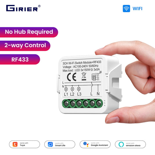 GIRIER Tuya Smart WiFi Switch Module RF433 DIY Breaker Relay Neutral Wire Required Supports 2-way Control Works Alexa Hey Google