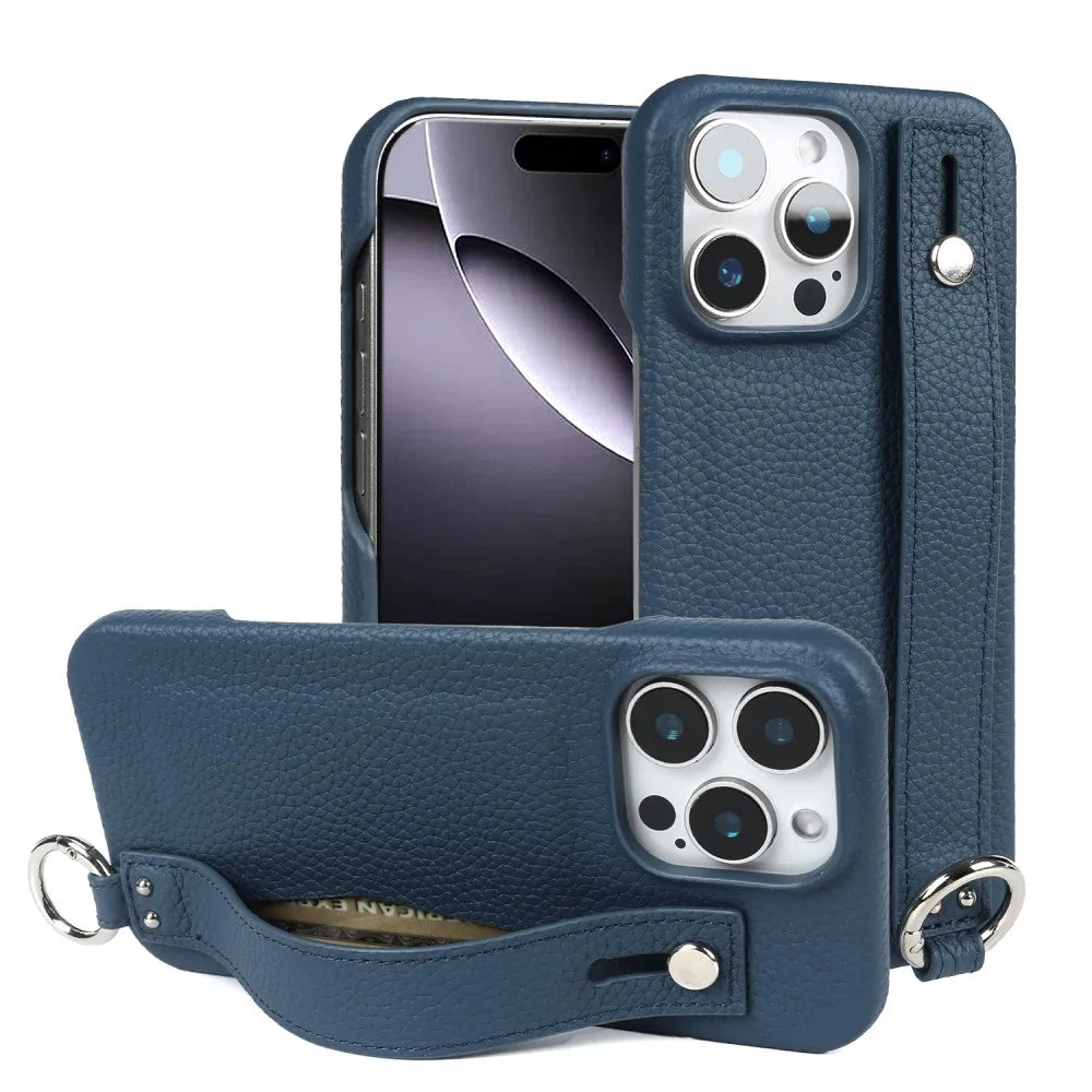 Premium Genuine Leather Case For iPhone 16 Pro Max Phone Cases 15Pro 14 13 12 11 Wristband Strap Bracket Back Card Holder Cover