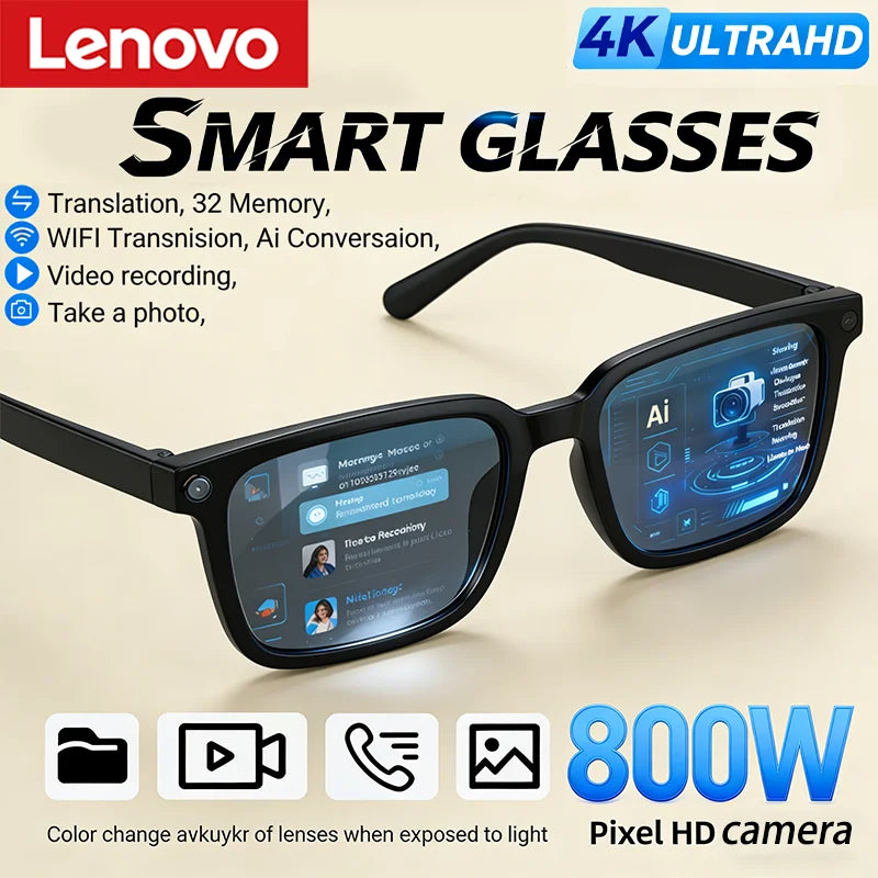Lenovo AI Smart Glasses Translation 8MP HD Camera 4K Bluetooth Call Recording Music Sunglasses

