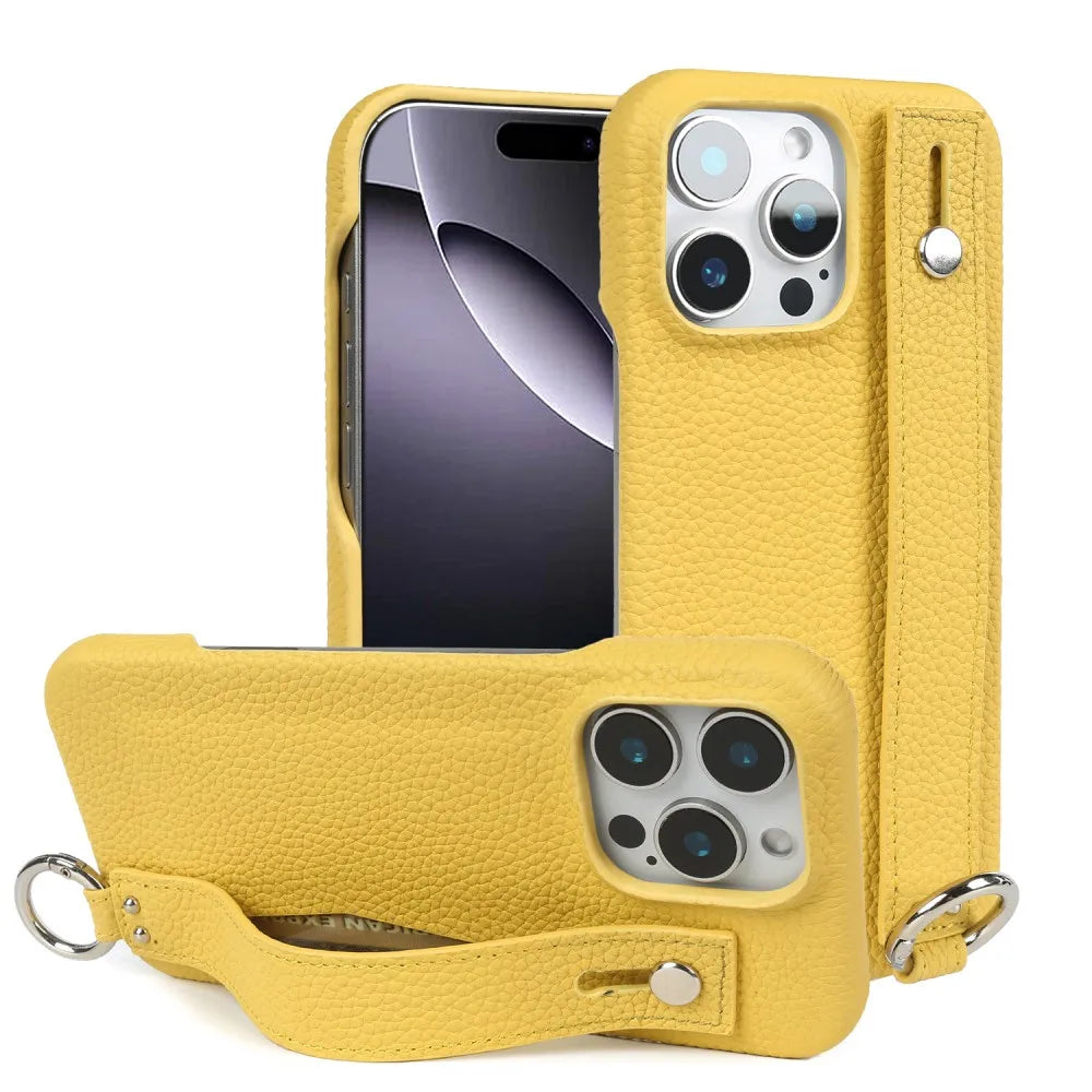 Premium Genuine Leather Case For iPhone 16 Pro Max Phone Cases 15Pro 14 13 12 11 Wristband Strap Bracket Back Card Holder Cover