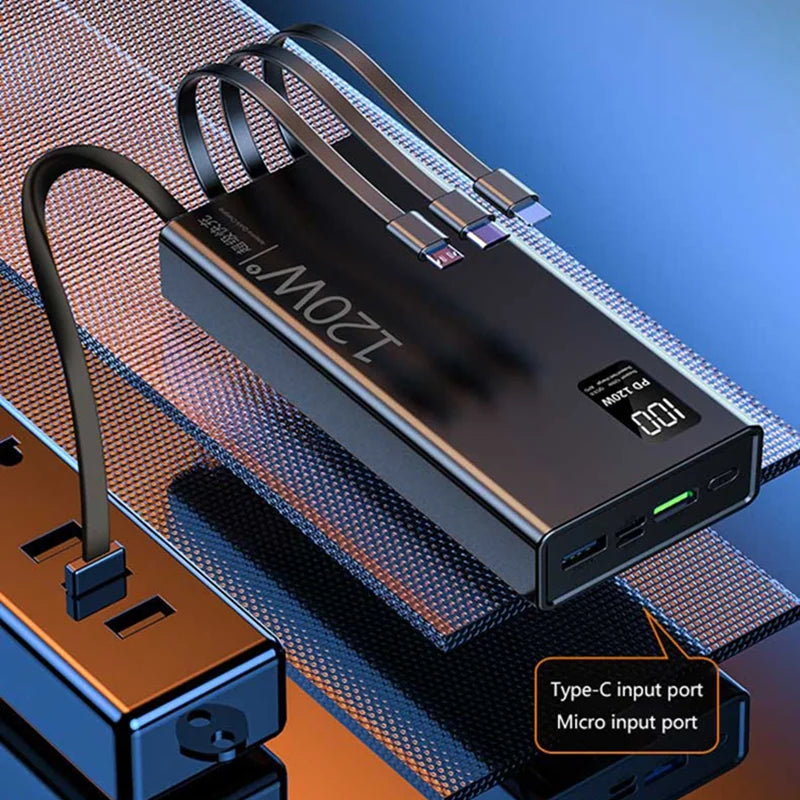 Lenovo 200000mAh High Capacity Power Bank with 4-in-1 Cables 120W Fast Charging External Battery Pack For iPhone Samsung Android