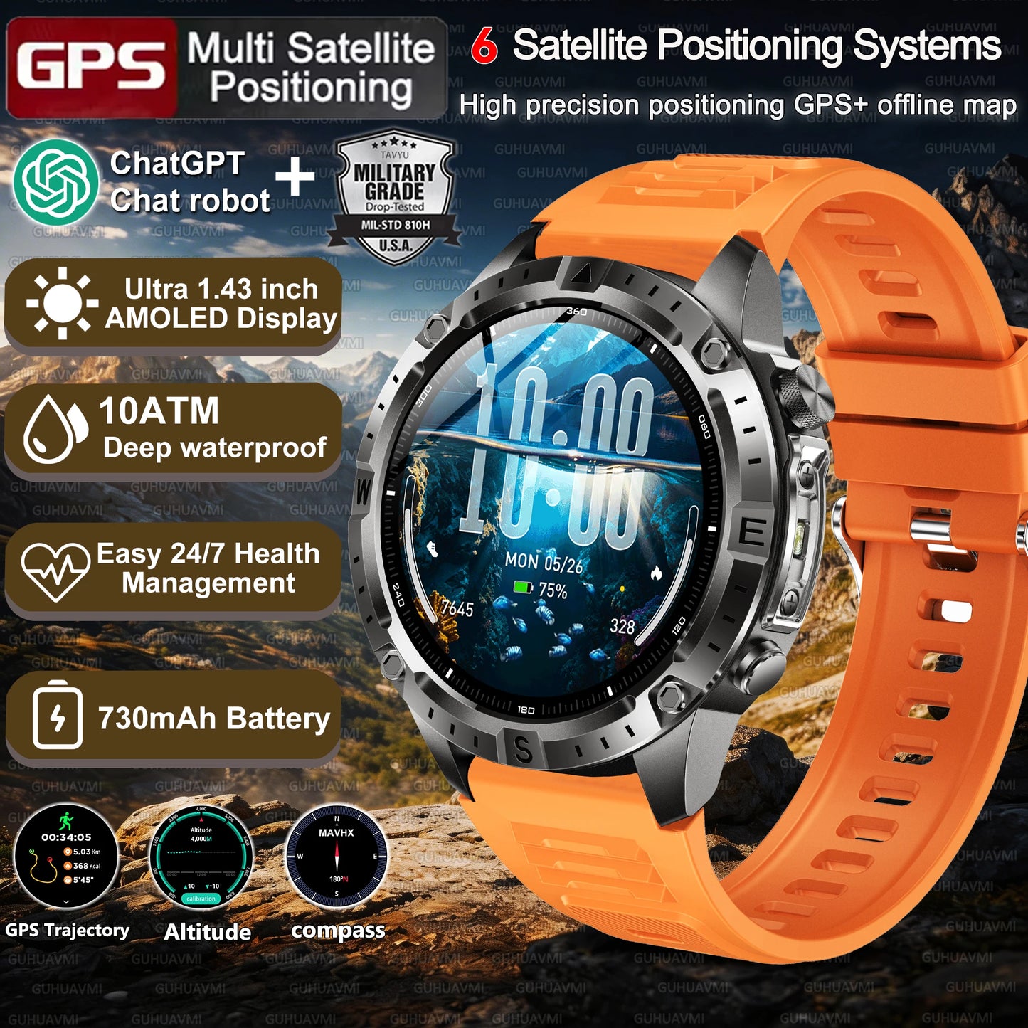 New Men Military GPS Smart Watch Built-in Positioning Compass Altimeter 10ATM Waterproof BT Call Heart Rate Monitor Smart Watch