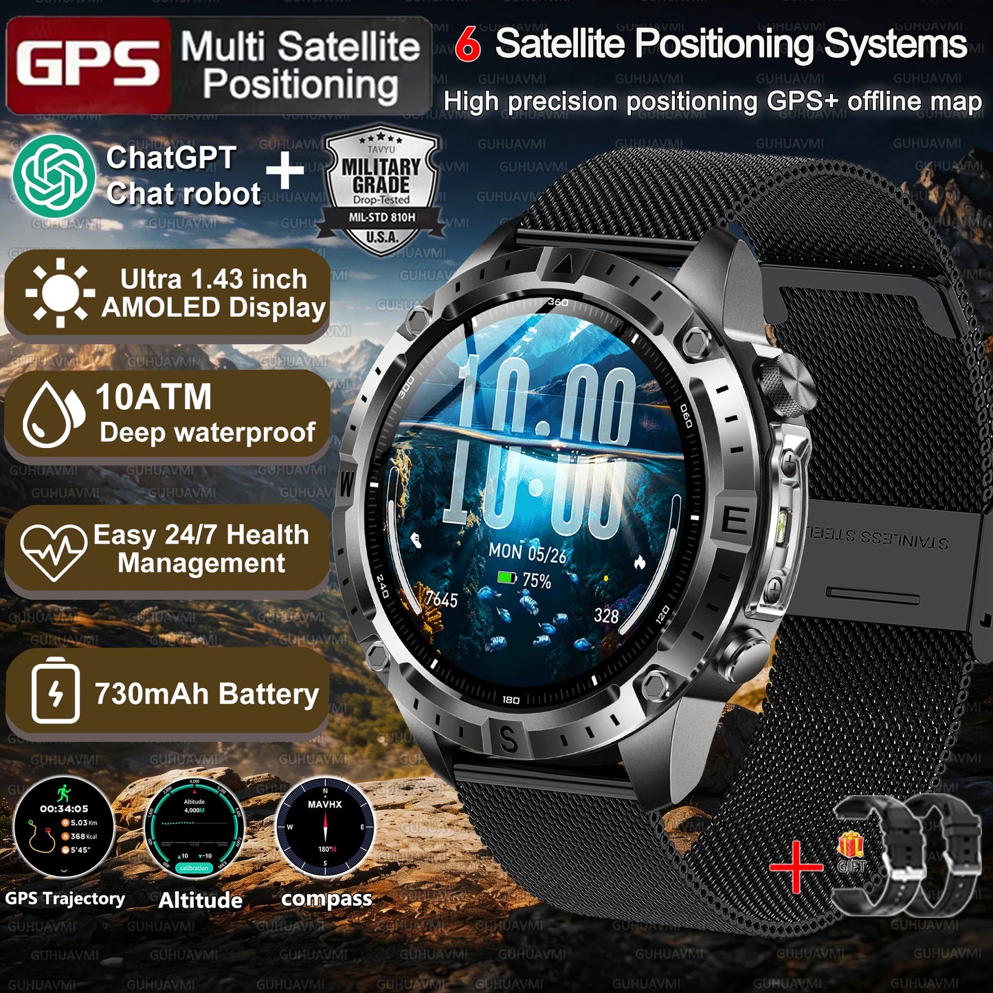 New Men Military GPS Smart Watch Built-in Positioning Compass Altimeter 10ATM Waterproof BT Call Heart Rate Monitor Smart Watch