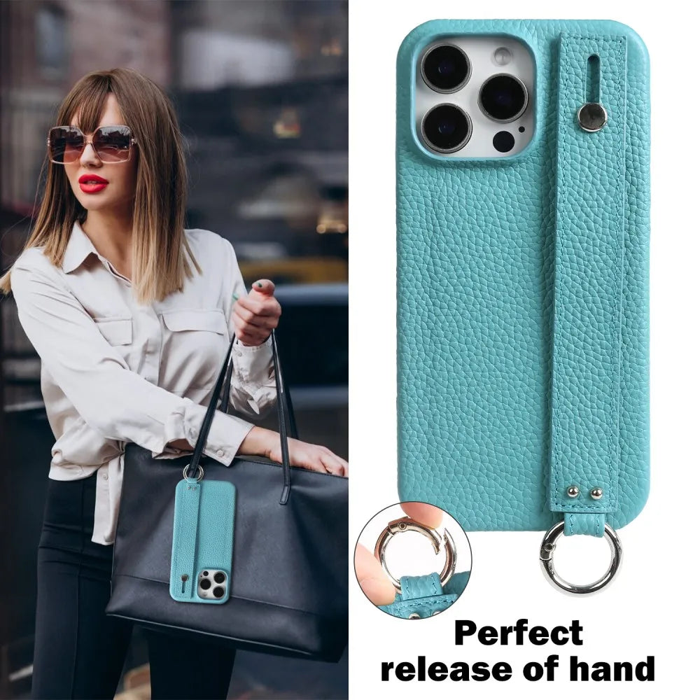 Premium Genuine Leather Case For iPhone 16 Pro Max Phone Cases 15Pro 14 13 12 11 Wristband Strap Bracket Back Card Holder Cover