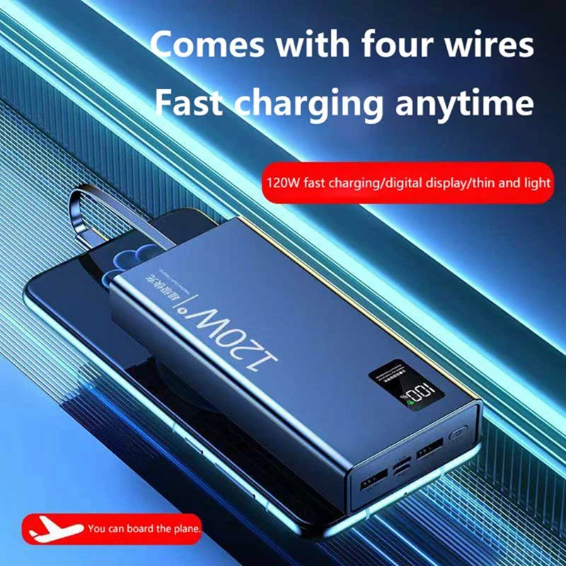 Lenovo 200000mAh High Capacity Power Bank with 4-in-1 Cables 120W Fast Charging External Battery Pack For iPhone Samsung Android