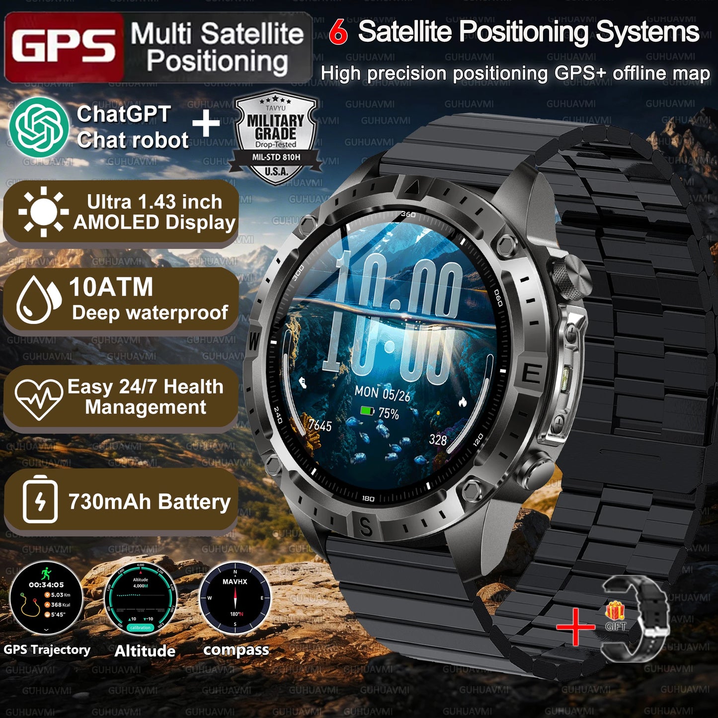 New Men Military GPS Smart Watch Built-in Positioning Compass Altimeter 10ATM Waterproof BT Call Heart Rate Monitor Smart Watch