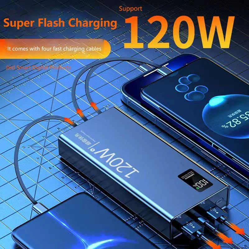 Lenovo 200000mAh High Capacity Power Bank with 4-in-1 Cables 120W Fast Charging External Battery Pack For iPhone Samsung Android