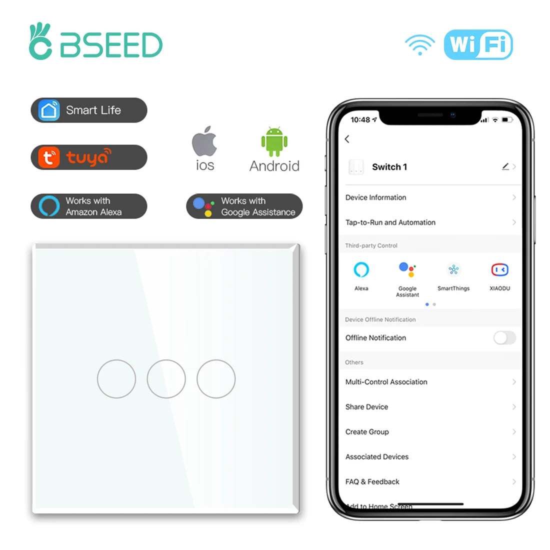BSEED  Wifi 1/2/3Gang Smart Touch Switches 1/2/3Way Wall Light Switches Tuya Smart Life App Control Plus Sockets EU Standard