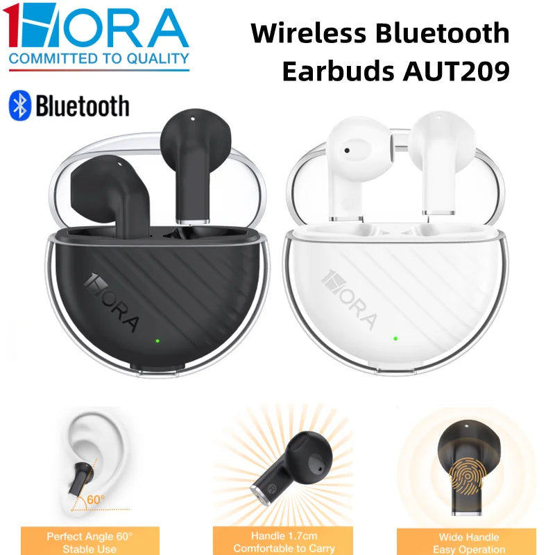 1HORA AUT209 Wireless Bluetooth 5.3 Earbuds With Charging Case Black/White Intelligent Touch Control Compatible with IOS/Android