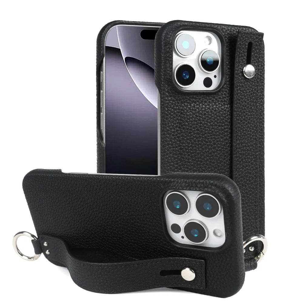 Premium Genuine Leather Case For iPhone 16 Pro Max Phone Cases 15Pro 14 13 12 11 Wristband Strap Bracket Back Card Holder Cover